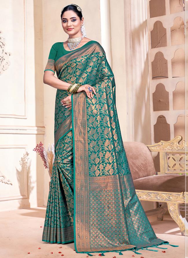 Banarasi Silk Teal Wedding Wear Weaving Saree